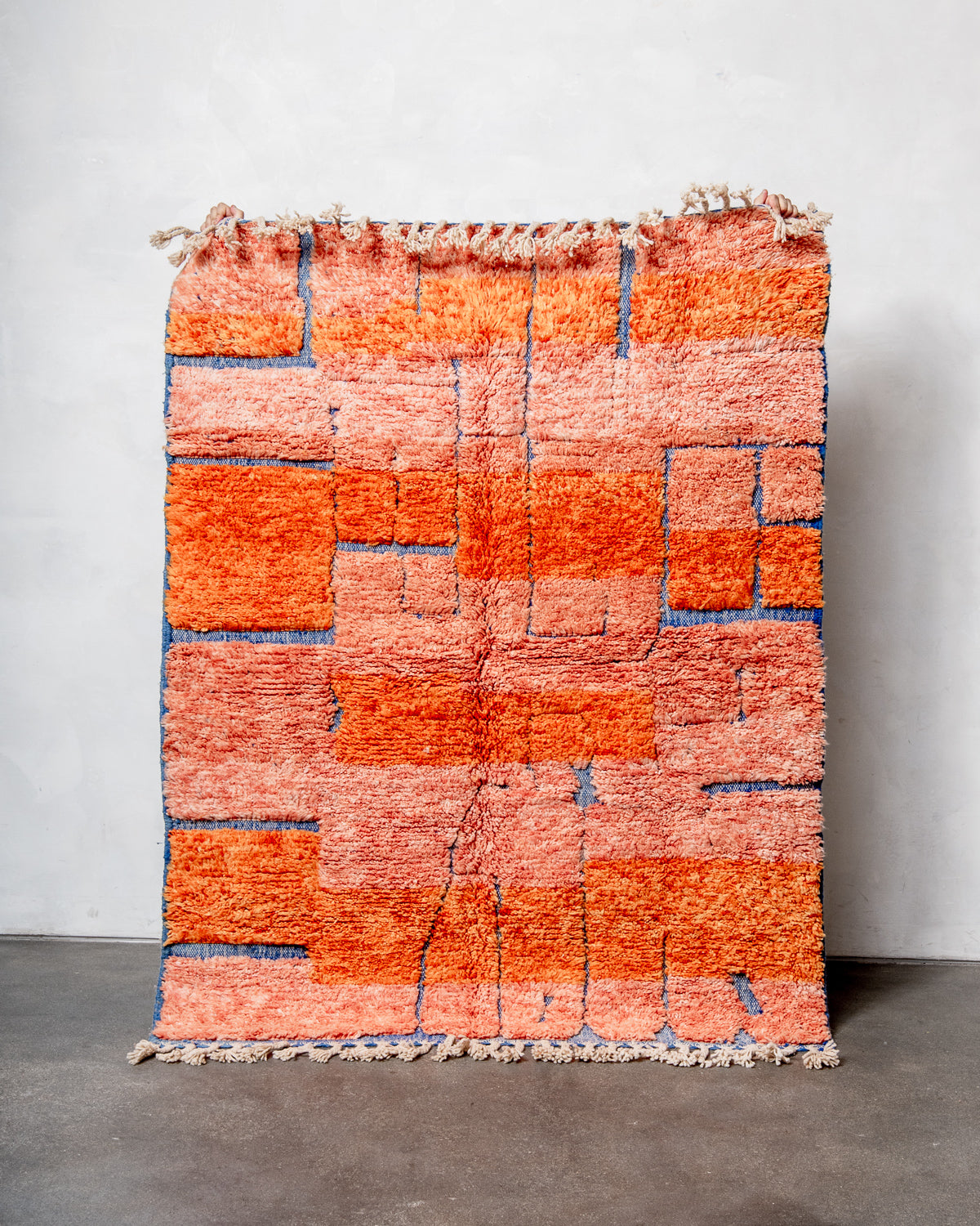 Modern, designer, handcrafted Berber rug from Morocco. Beniourain carpet with beautiful colours and patterns and fluffy wool texture.